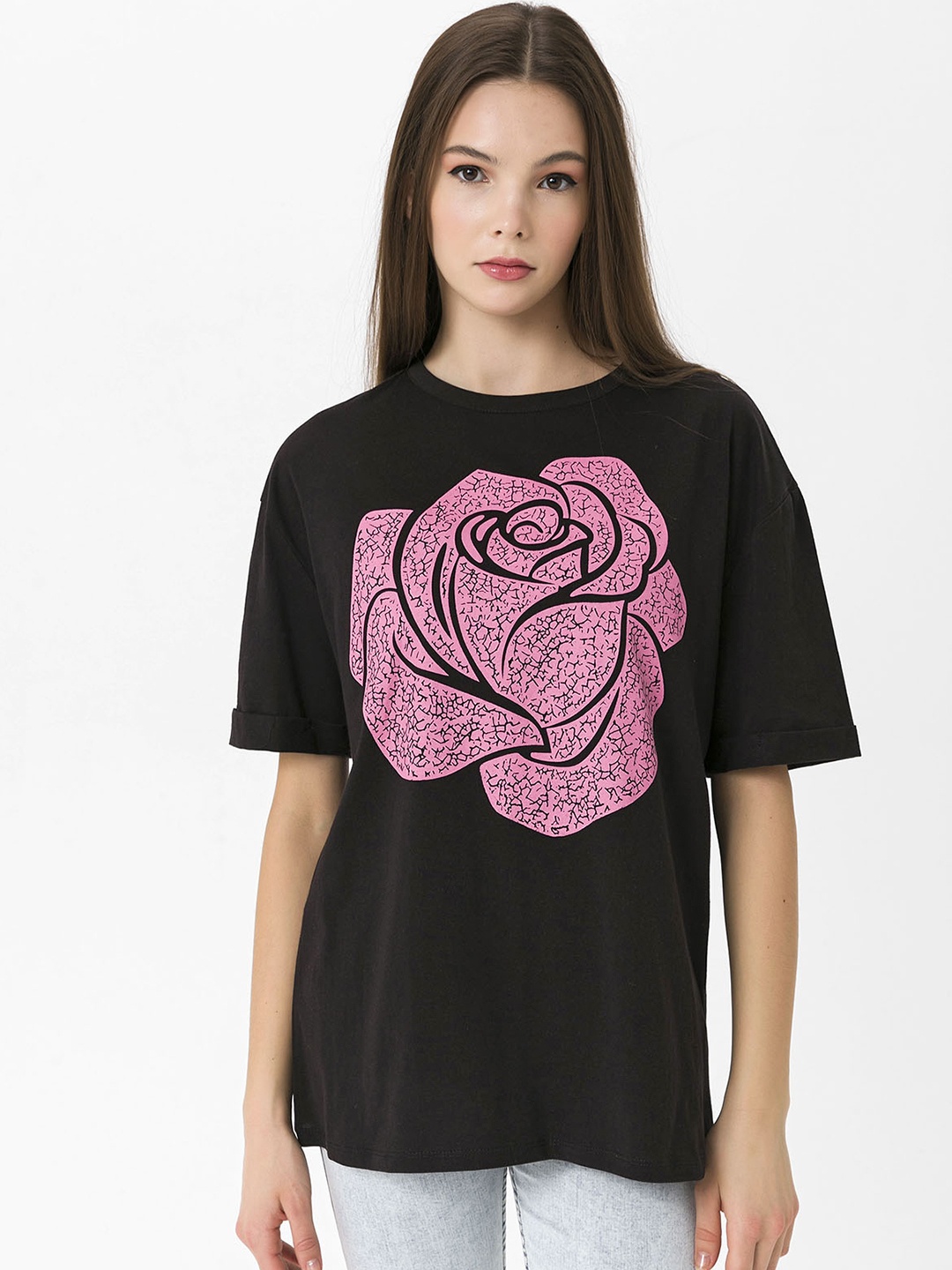 

Miss Poem Women Black & Pink Printed Drop-Shoulder Sleeves Pure Cotton T-shirt