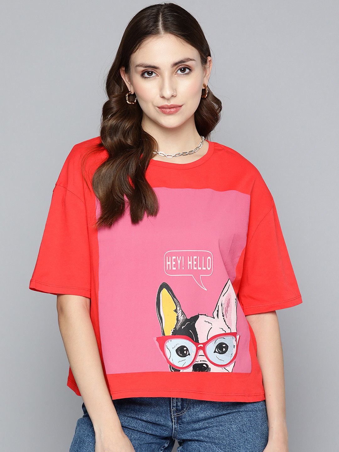 

Miss Poem Women Red & Lavender Printed Pure Cotton T-shirt