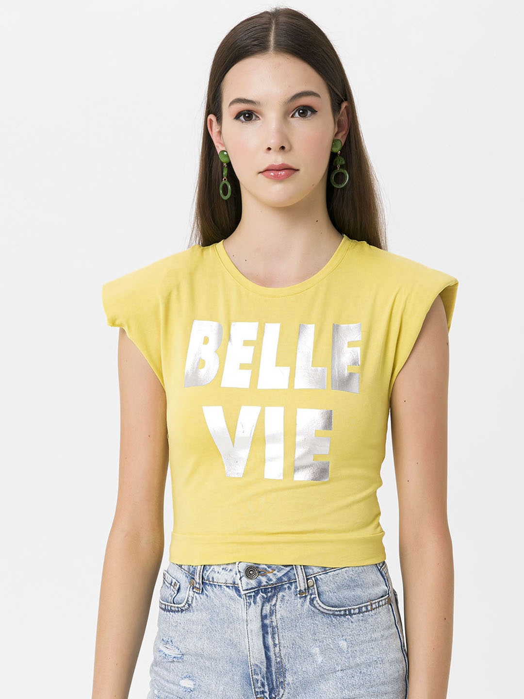 

Miss Poem Women Yellow & Silver Typography Printed T-shirt