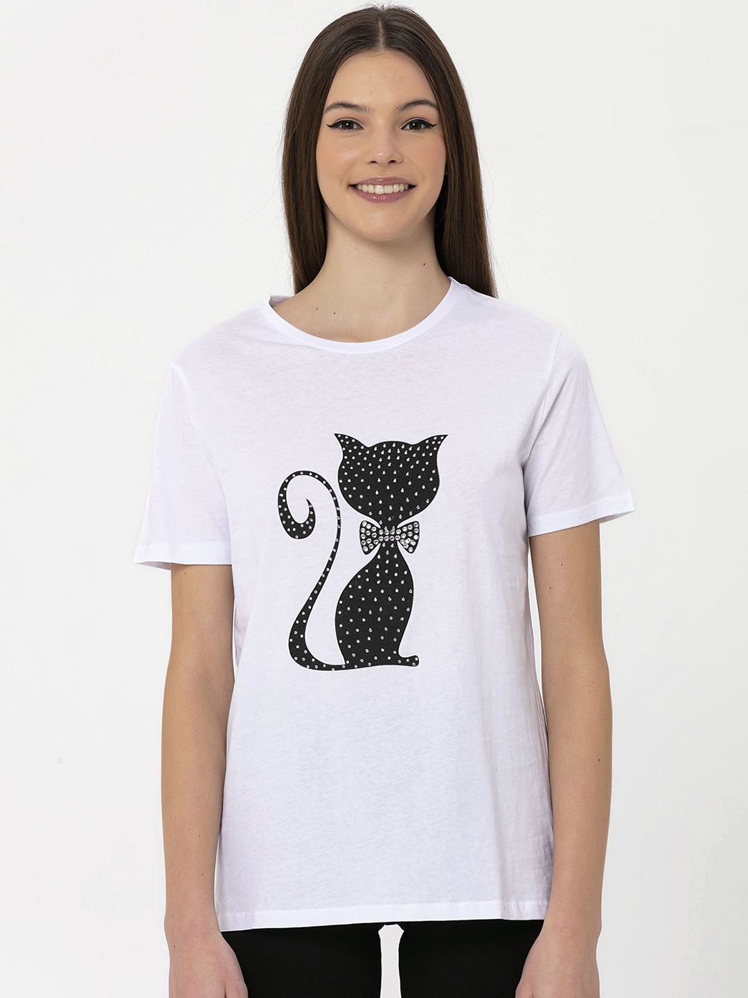 

Miss Poem Women White & Black Printed Embellished Pure Cotton T-shirt