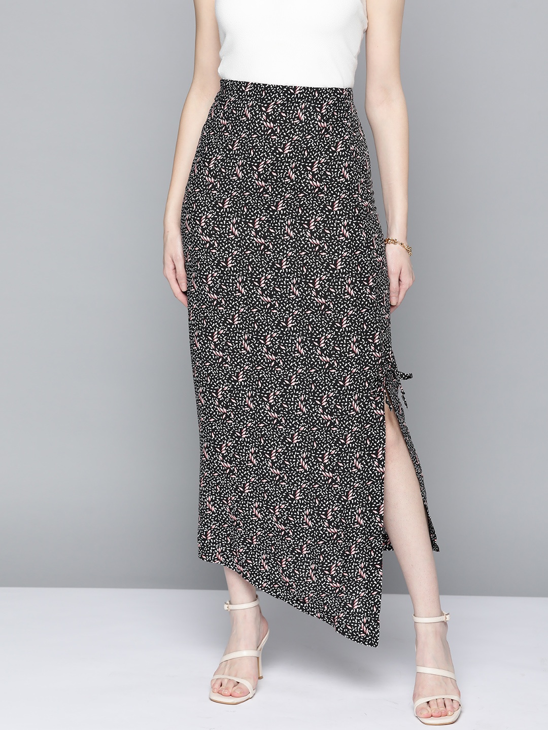 

Miss Poem Women Black & White Conversational Printed Slit Detail Straight Midi Skirt