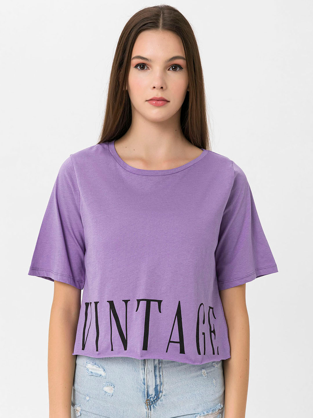 

Miss Poem Women Purple & Black Typography Printed Drop-Shoulder Sleeves Pure Cotton T-shirt