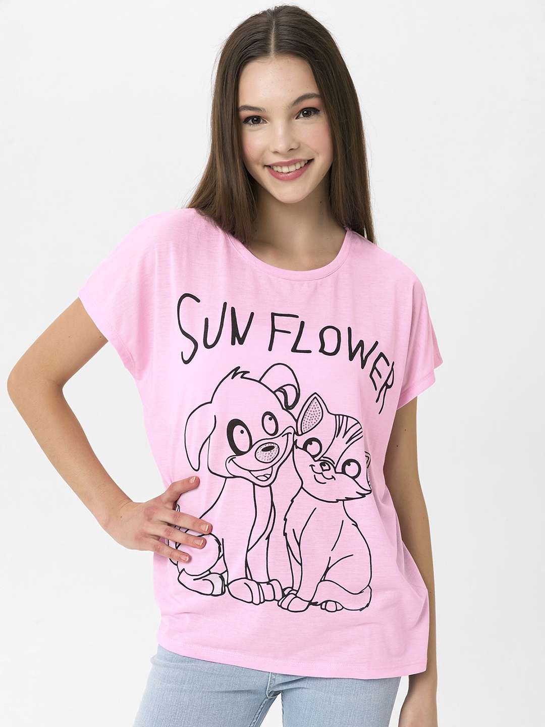 

Miss Poem Women Pink & Black Typography Printed Extended Sleeves T-shirt