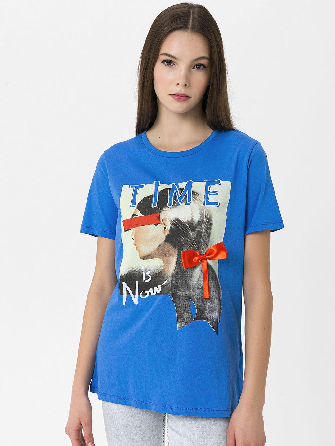 

Miss Poem Women Blue & Black Typography Printed Pure Cotton T-shirt