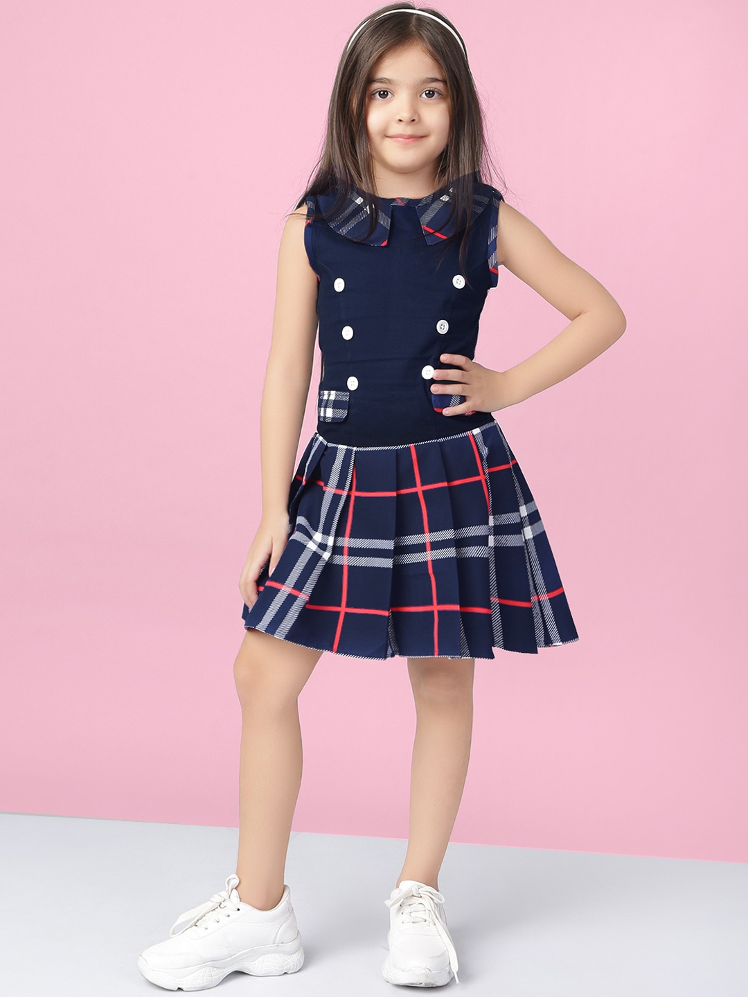 

Naughty Ninos Girls Navy Checked Drop-Waist Dress, Navy blue