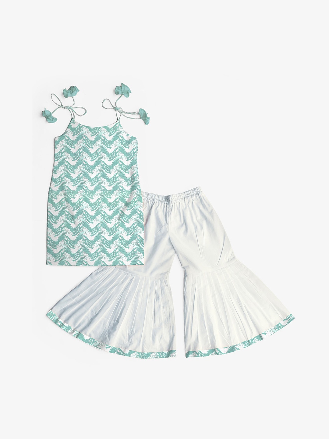 

STORY TAILOR Girls Sea Green Printed Pure Cotton Kurti with Skirt