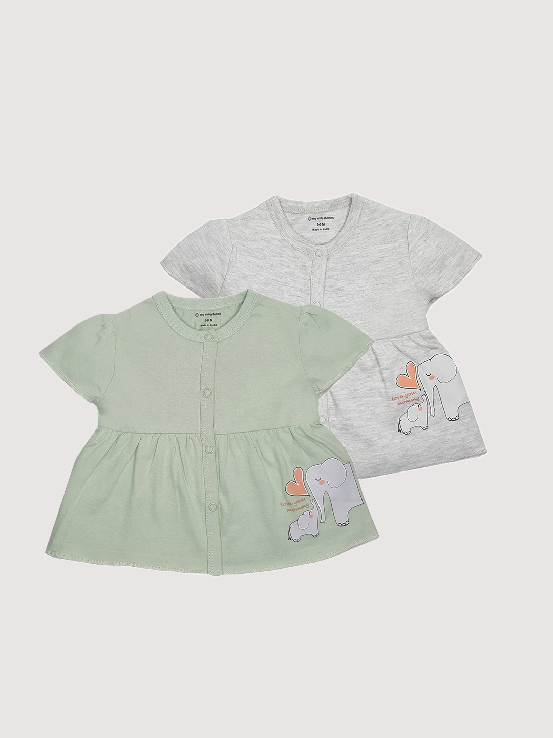 

My Milestones Infants Girls Set of 2 Printed Cotton Tops, Grey