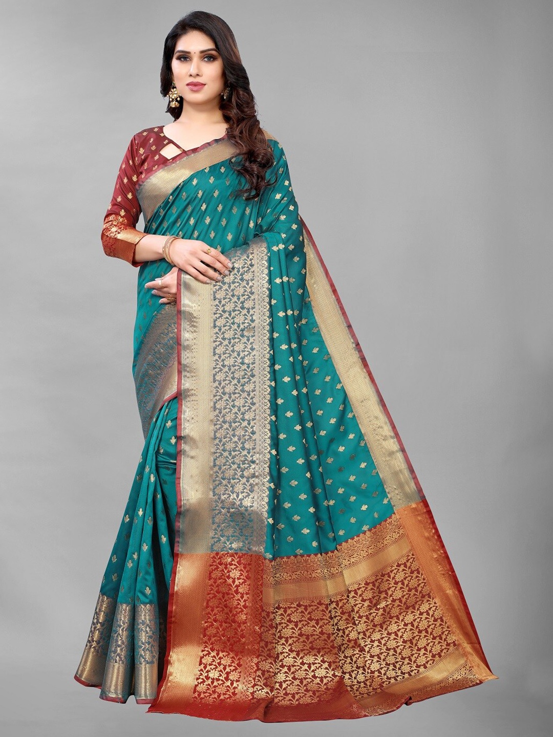 

PERFECTBLUE Teal Blue & Gold-Toned Woven Design Zari Art Silk Kanjeevaram Saree