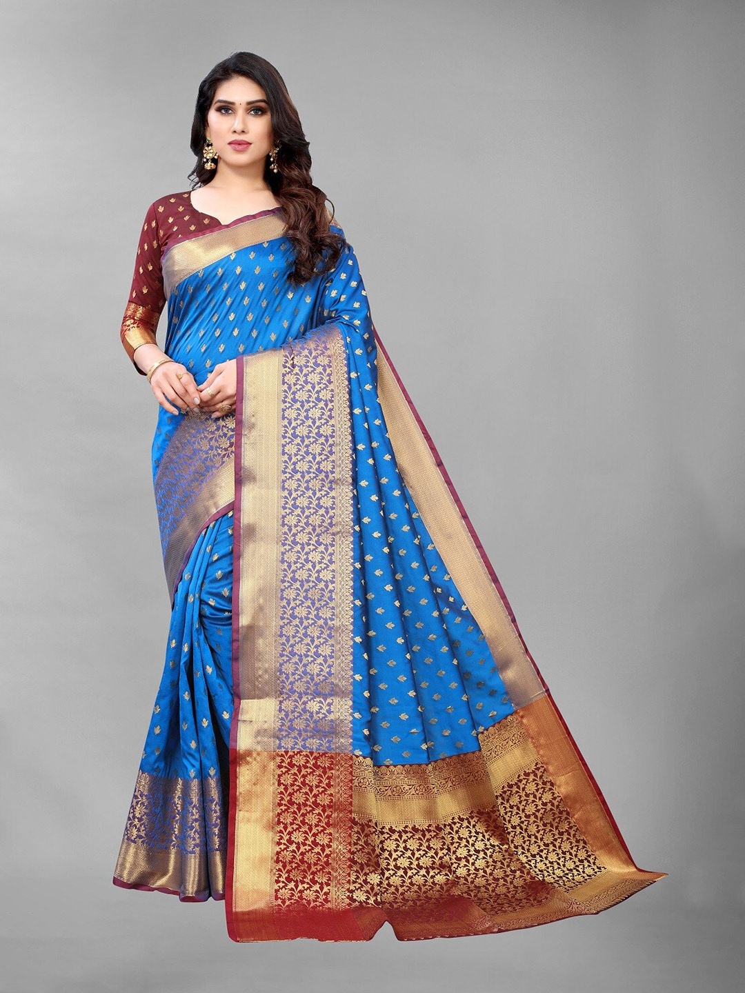 

PERFECTBLUE Blue & Gold-Toned Woven Design Zari Art Silk Kanjeevaram Saree