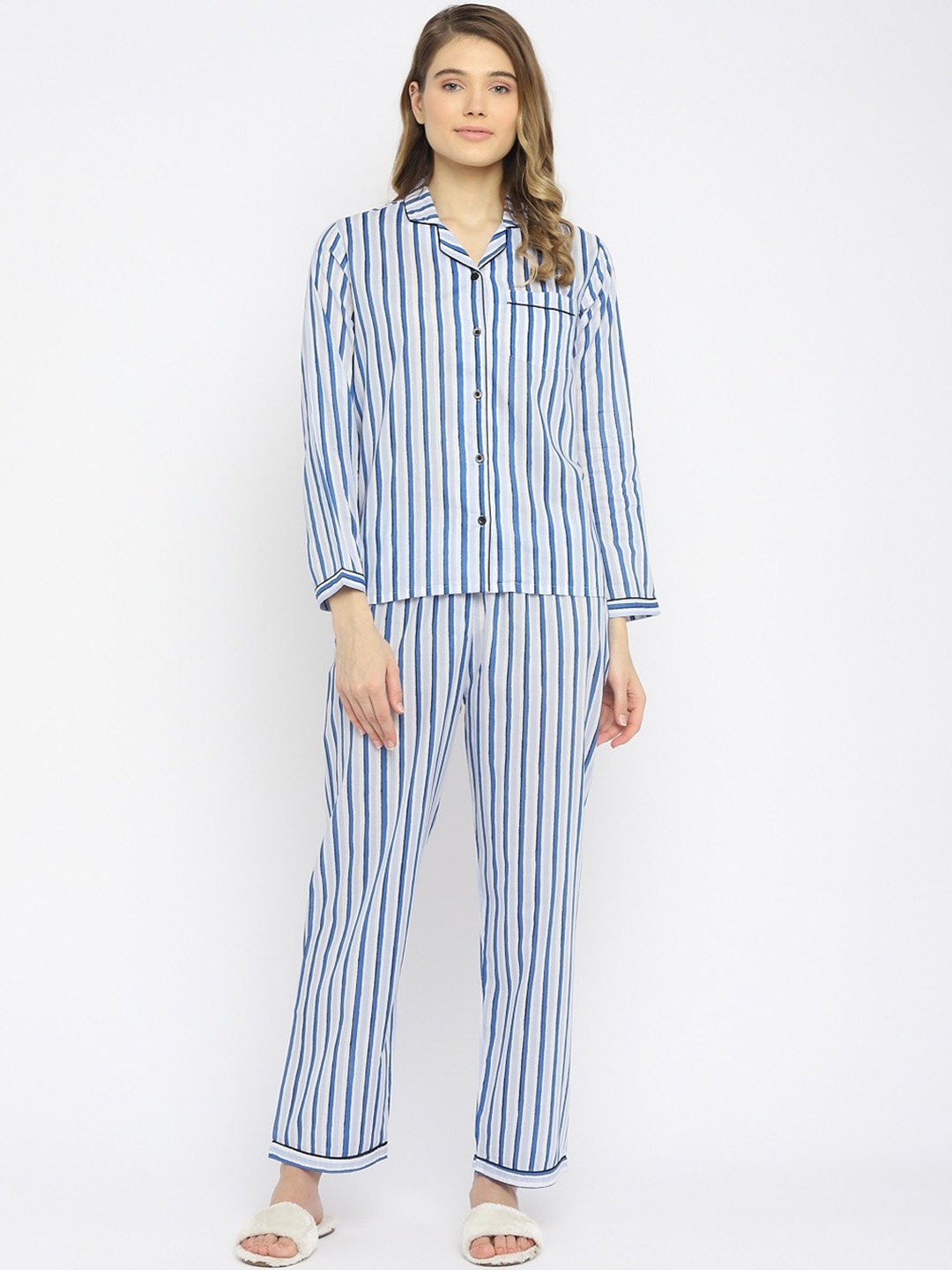

shopbloom Women White & Blue Striped Pure Cotton Night suit
