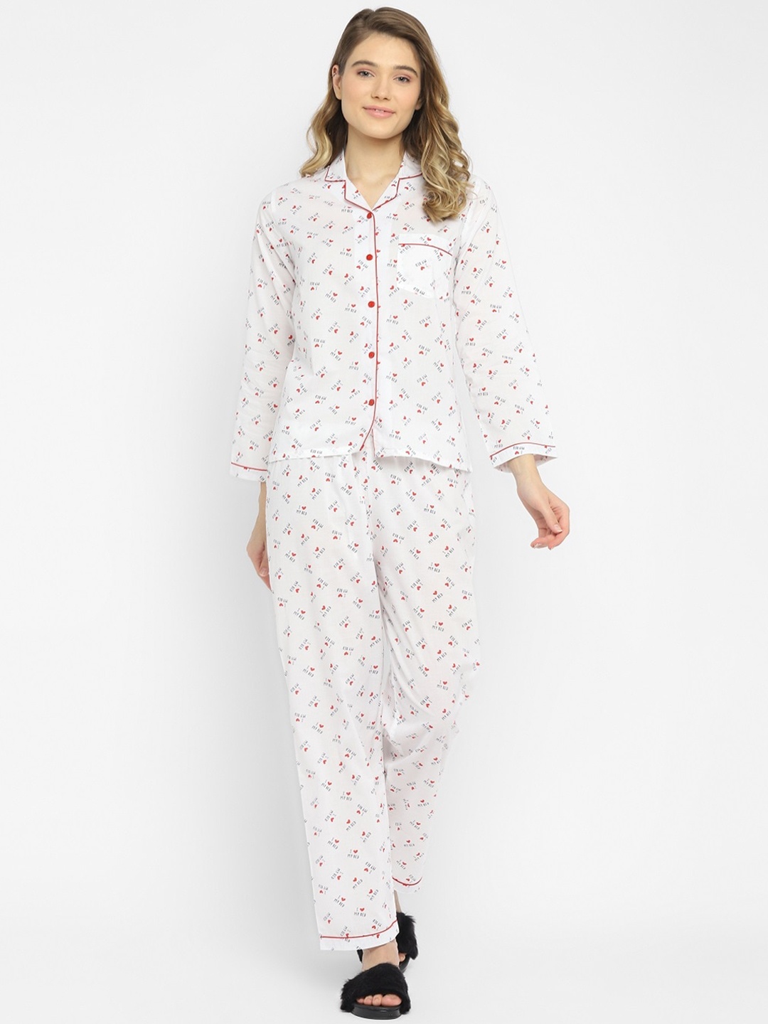 

shopbloom Women White & Red Pure Cotton Printed Night suit