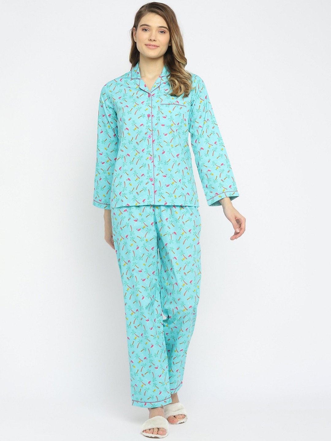 

shopbloom Women Turquoise Blue Conversational Printed Pure Cotton Night Suit