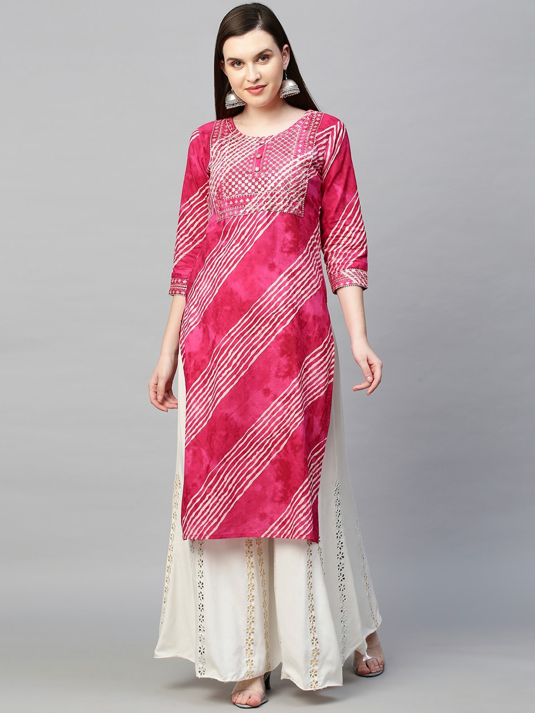 

FASHOR Women Pink & Off White Leheriya Printed Thread Work Cotton Kurta