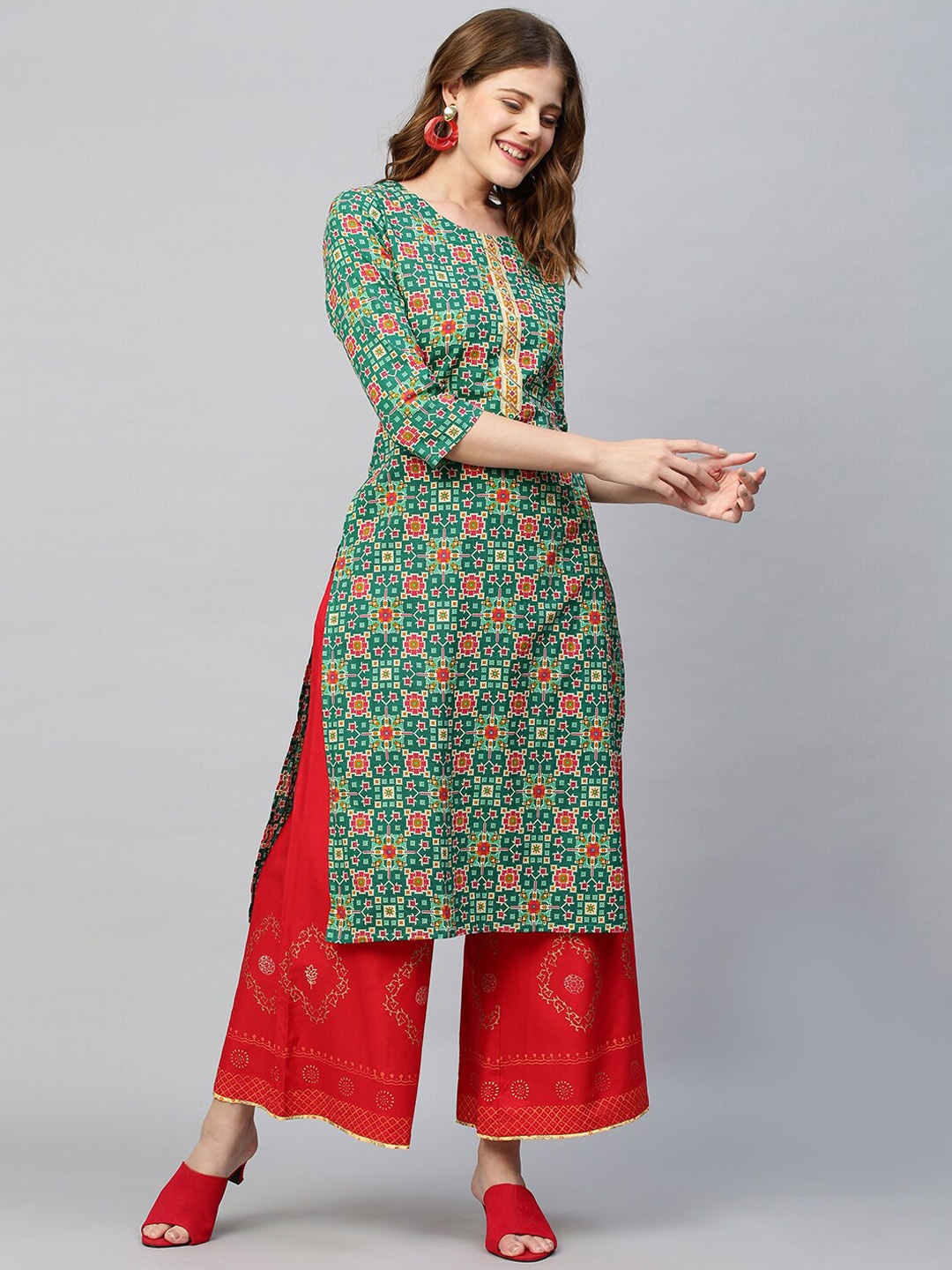 

FASHOR Women Green Floral Printed Kurta