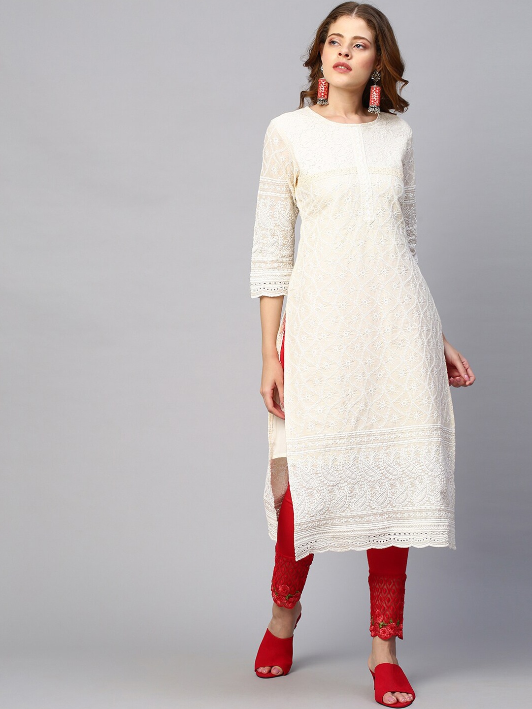 

FASHOR Women Cream-Coloured Geometric Flared Sleeves Gotta Patti Georgette Pathani Kurta