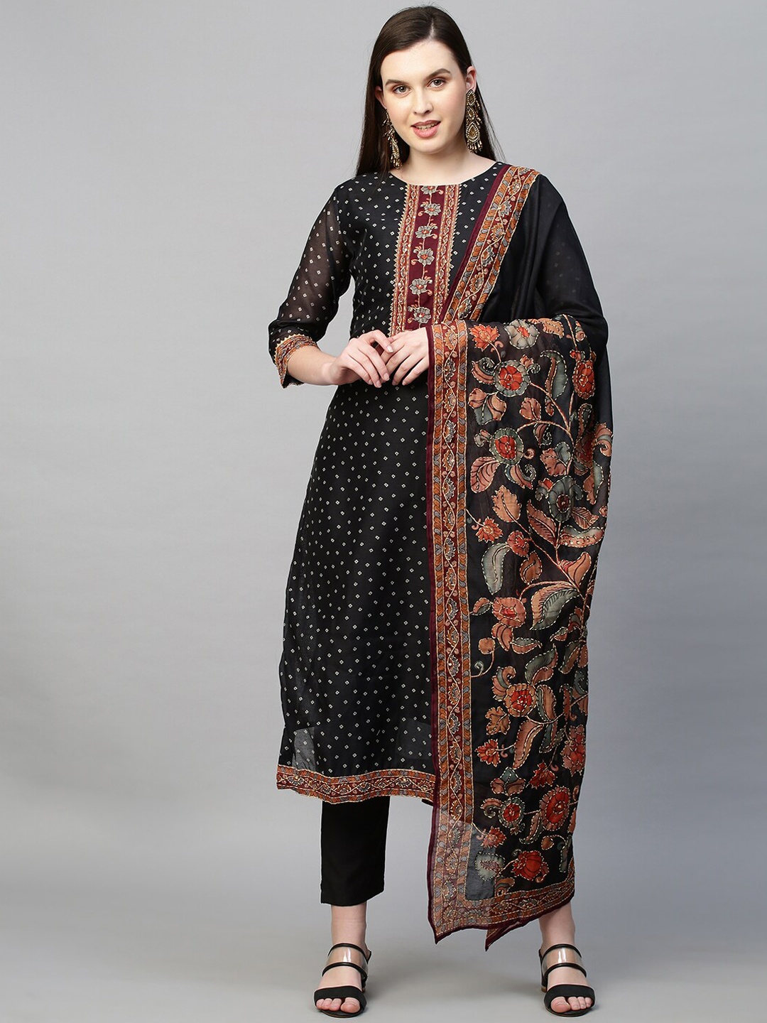 

FASHOR Women Black Ethnic Motifs Layered Kantha Work Chanderi Silk Kurti with Trousers & With Dupatta