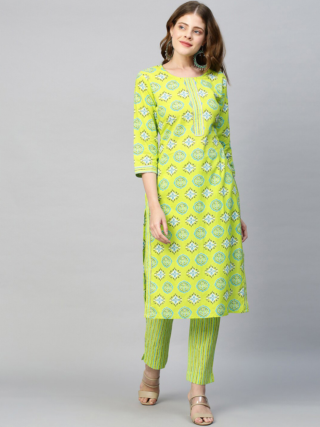 

FASHOR Women Yellow Bandhani Embroidered Angrakha Gotta Patti Pure Cotton Kurti with Trousers & With Dupatta
