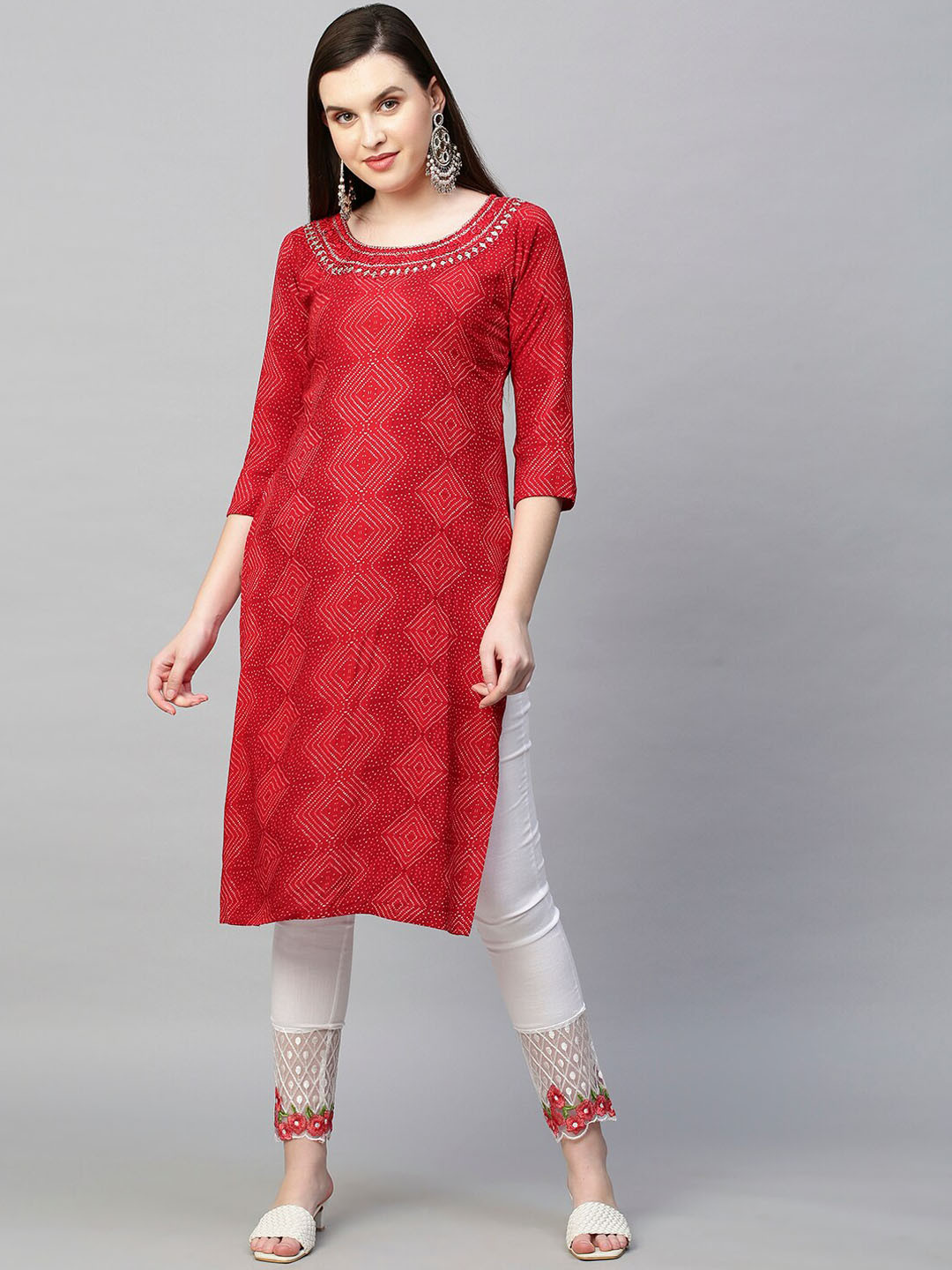 

FASHOR Women Red Bandhani Printed Thread Work Kurta