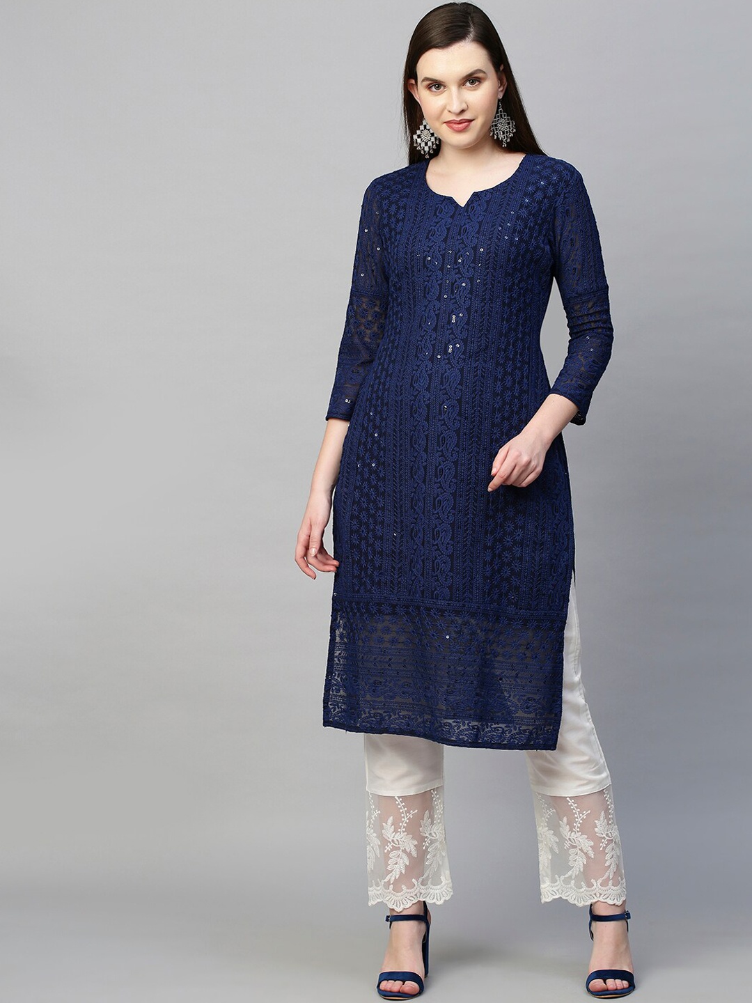 

FASHOR Women Blue Ethnic Motifs Embroidered Keyhole Neck Chikankari Georgette Kurta