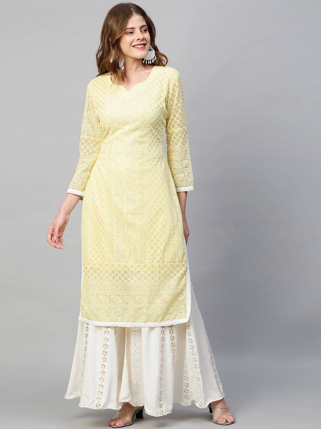 

FASHOR Women Yellow Ethnic Motifs Embroidered Straight Chikankari Kurta