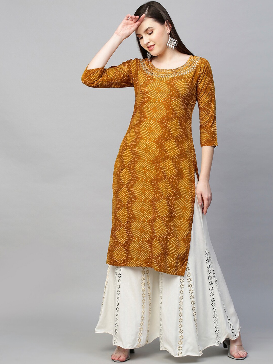 

FASHOR Women Yellow Bandhani Printed Thread Work Kurta