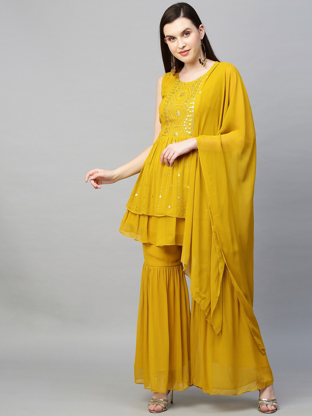 

FASHOR Women Mustard Yellow Embroidered Layered Georgette Kurta Set