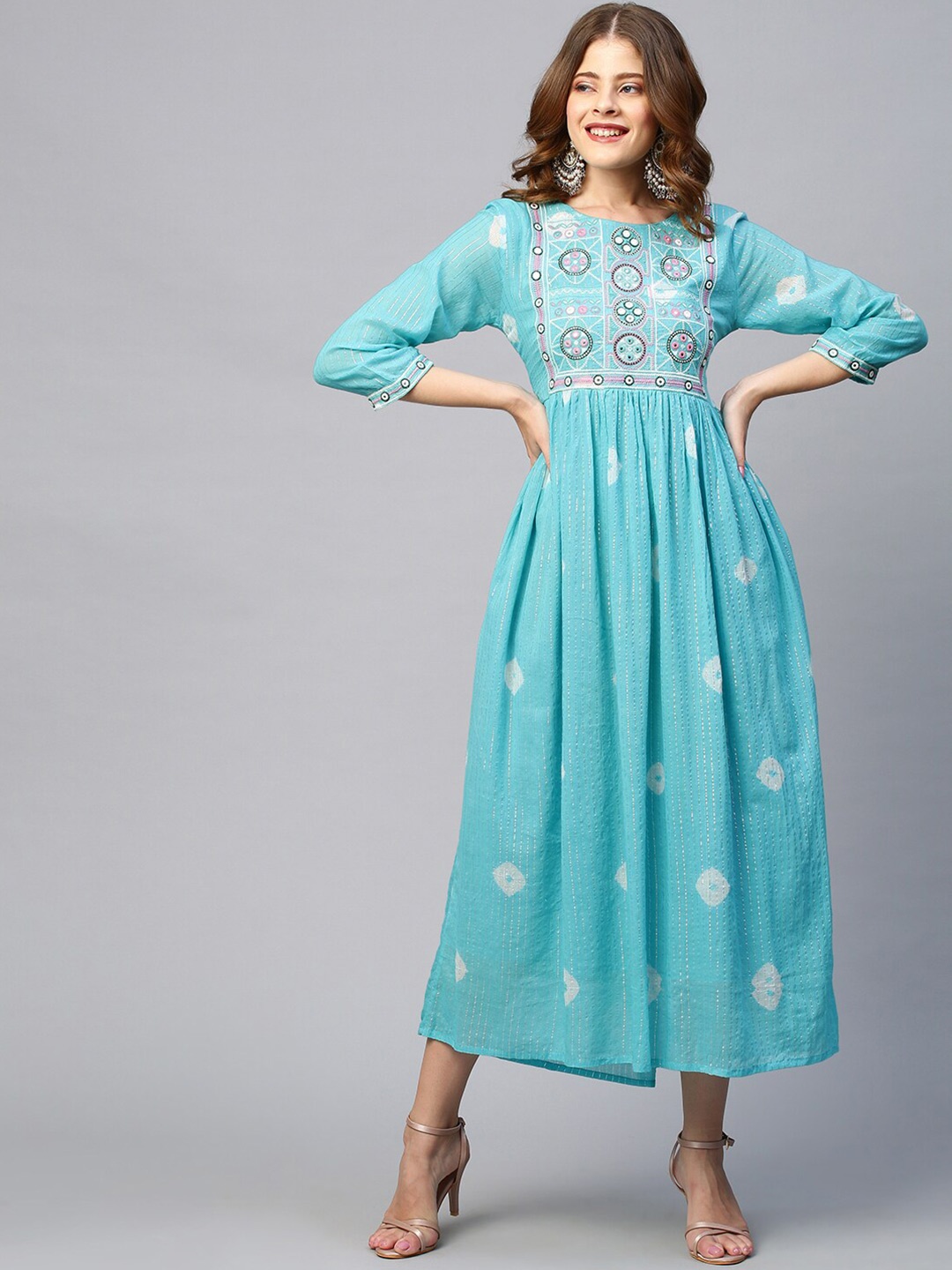 

FASHOR Blue & White Lurex Striped Mulmul Cotton Maxi Dress
