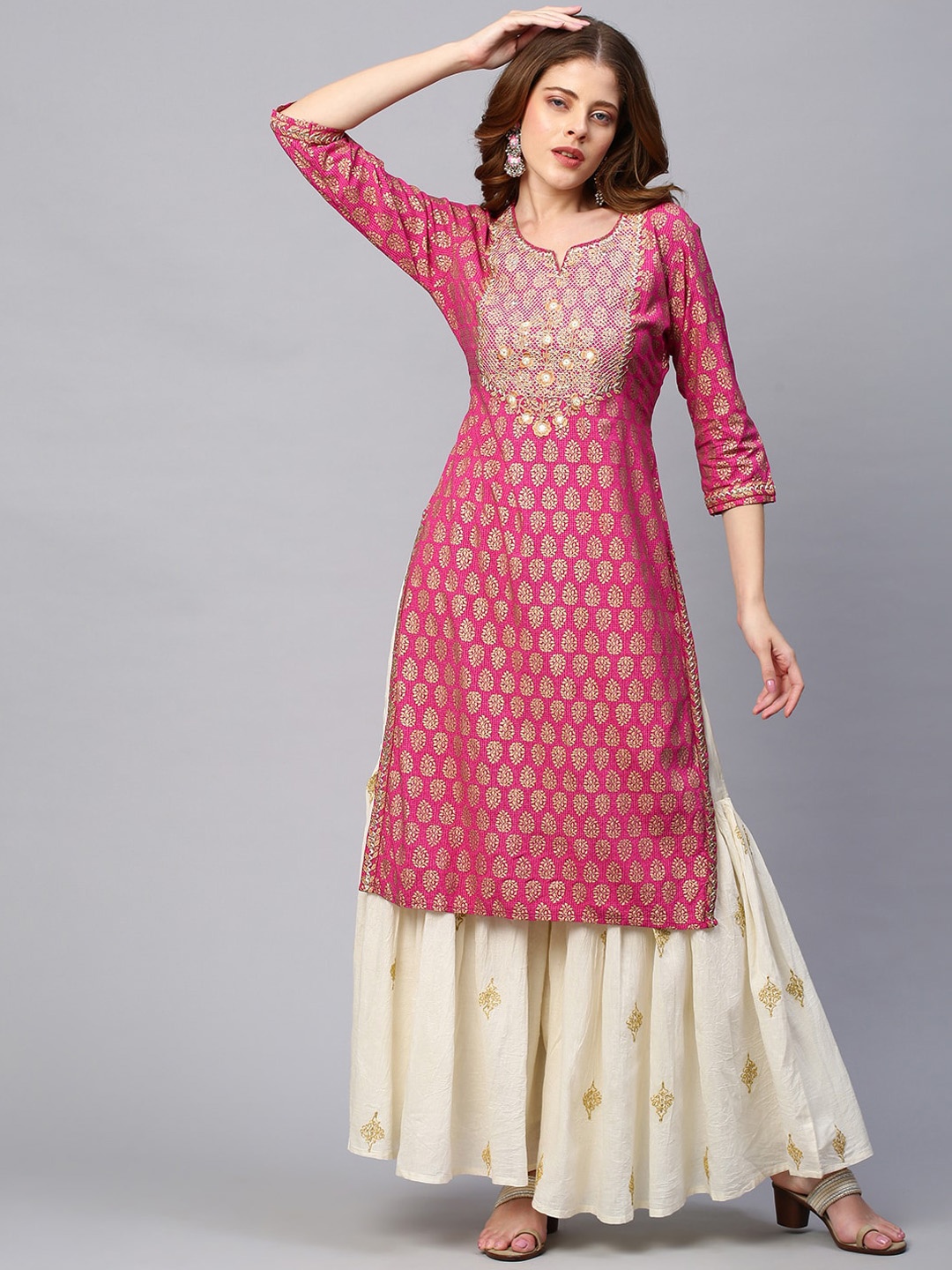 

FASHOR Women Pink Ethnic Motifs Printed Mirror Work Kurta