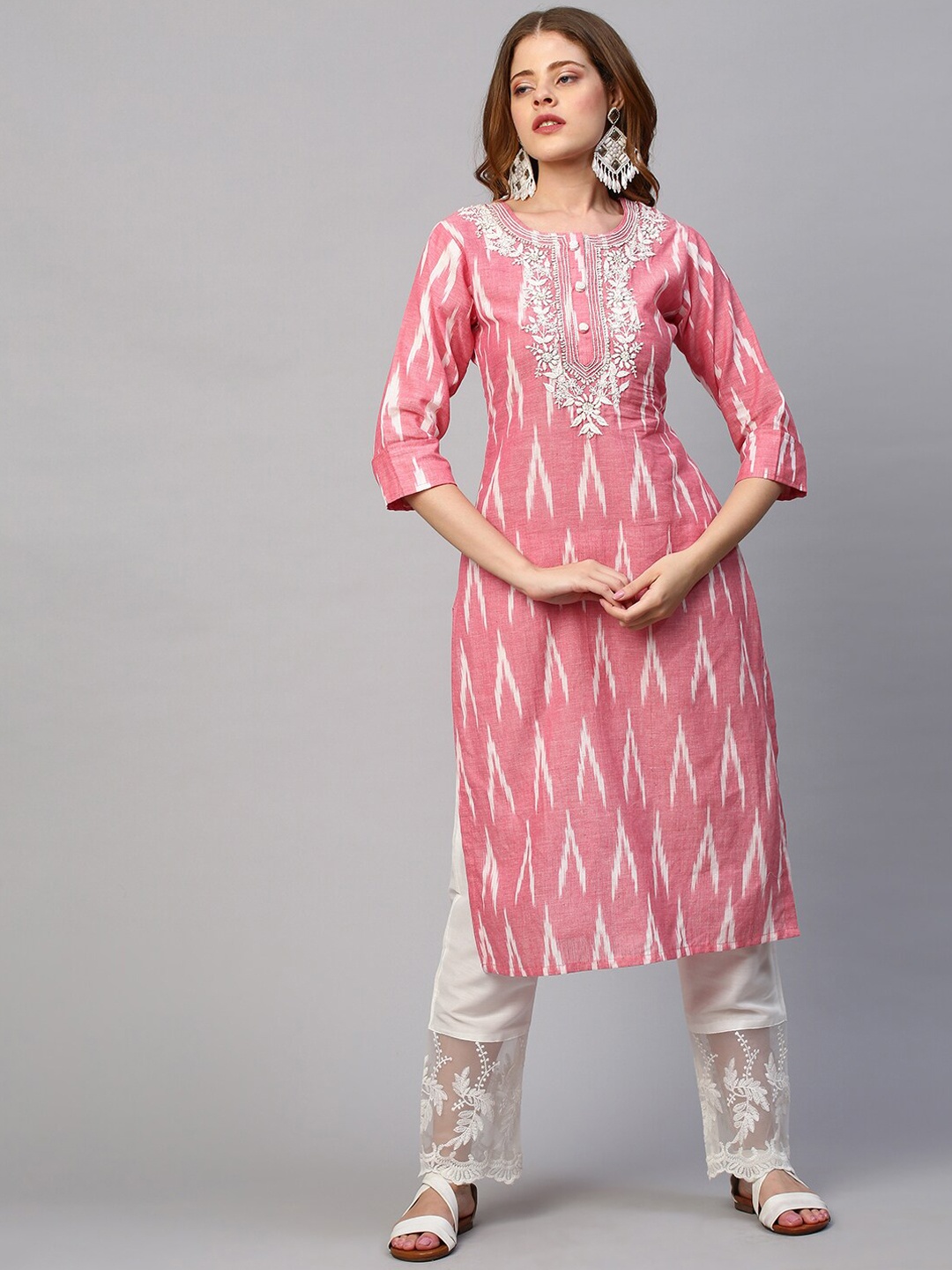 

FASHOR Women Pink Hand Embroidered Ikat Kurta