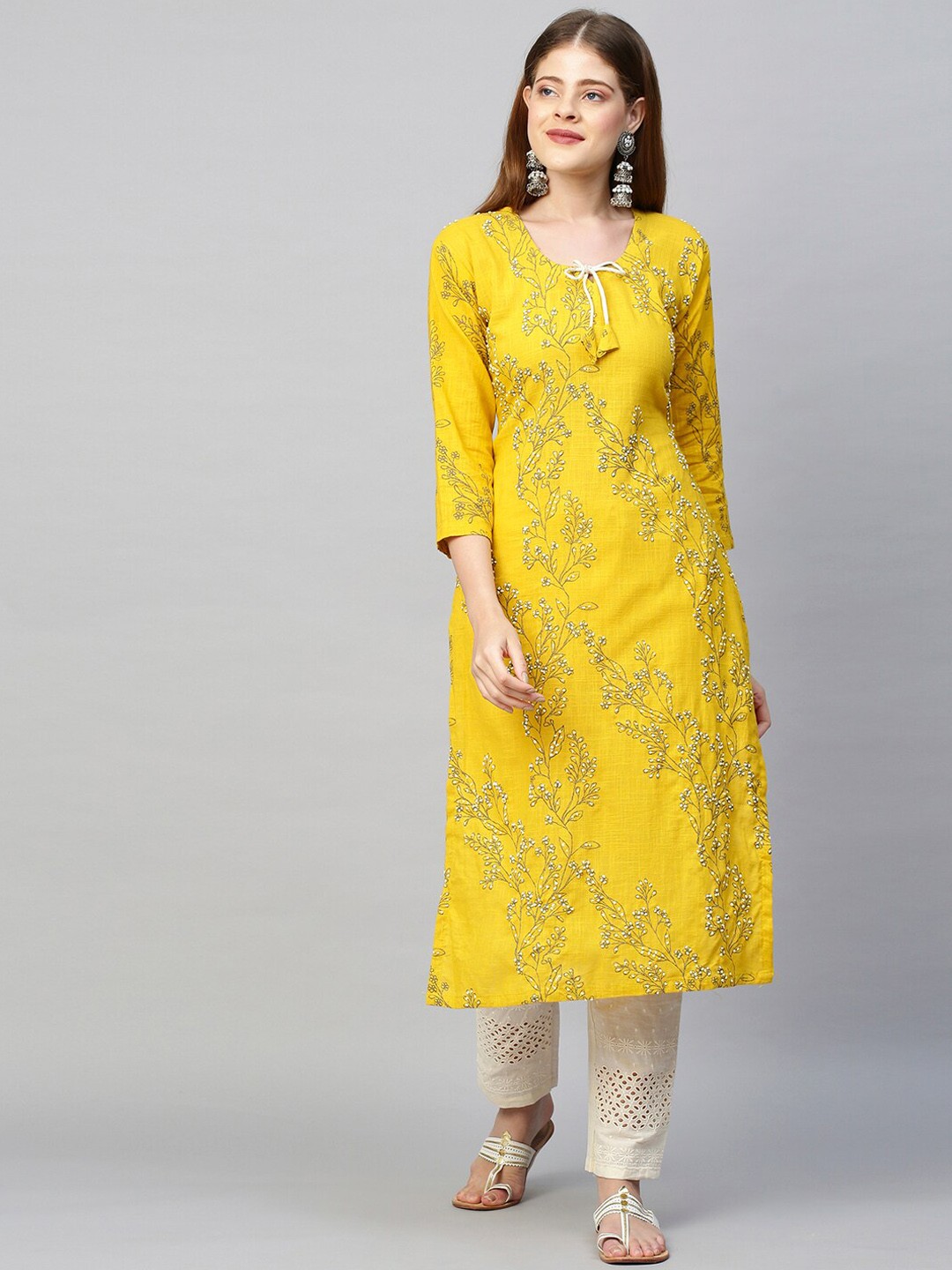 

FASHOR Women Yellow Embroidered Angrakha Thread Work Pure Cotton Kurti with Dhoti Pants & With Dupatta