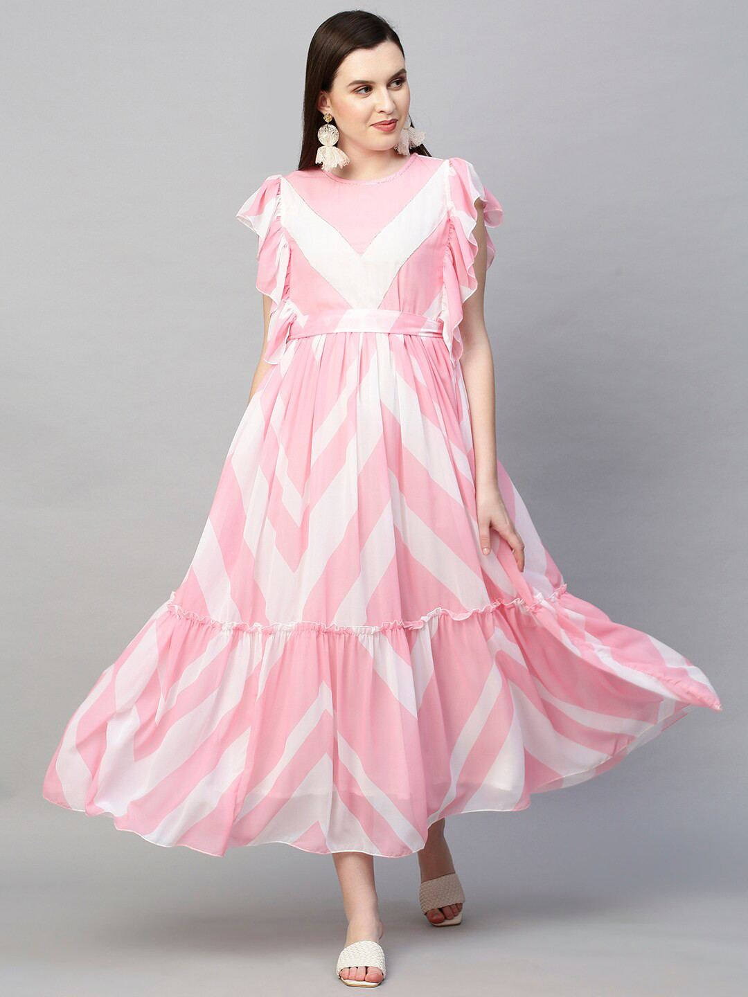 

FASHOR Pink & White Chevron Printed Georgette A-Line Tiered Midi Dress