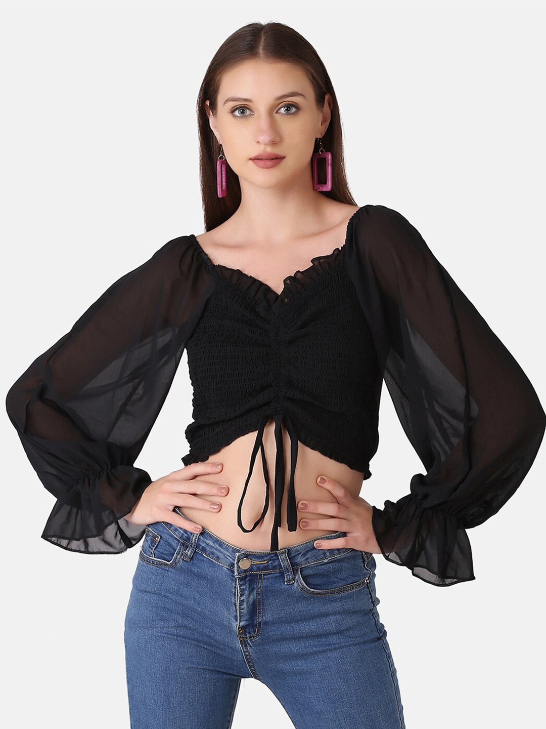 

BUY NEW TREND Black Sweetheart Neck Ruched Georgette Crop Top