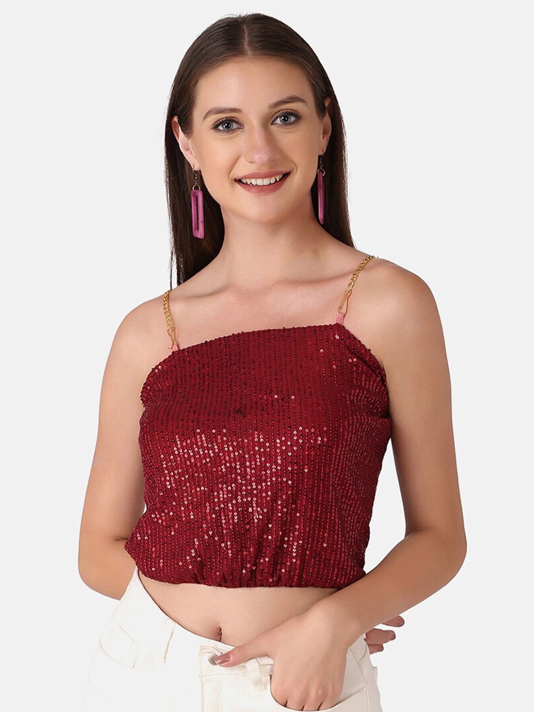 

BUY NEW TREND Maroon Embellished Styled Back Top