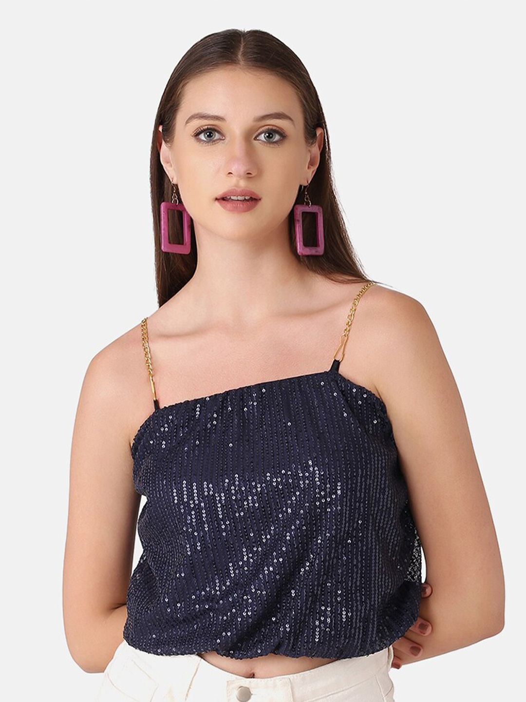 

BUY NEW TREND Navy Blue Embellished Sequinned Top