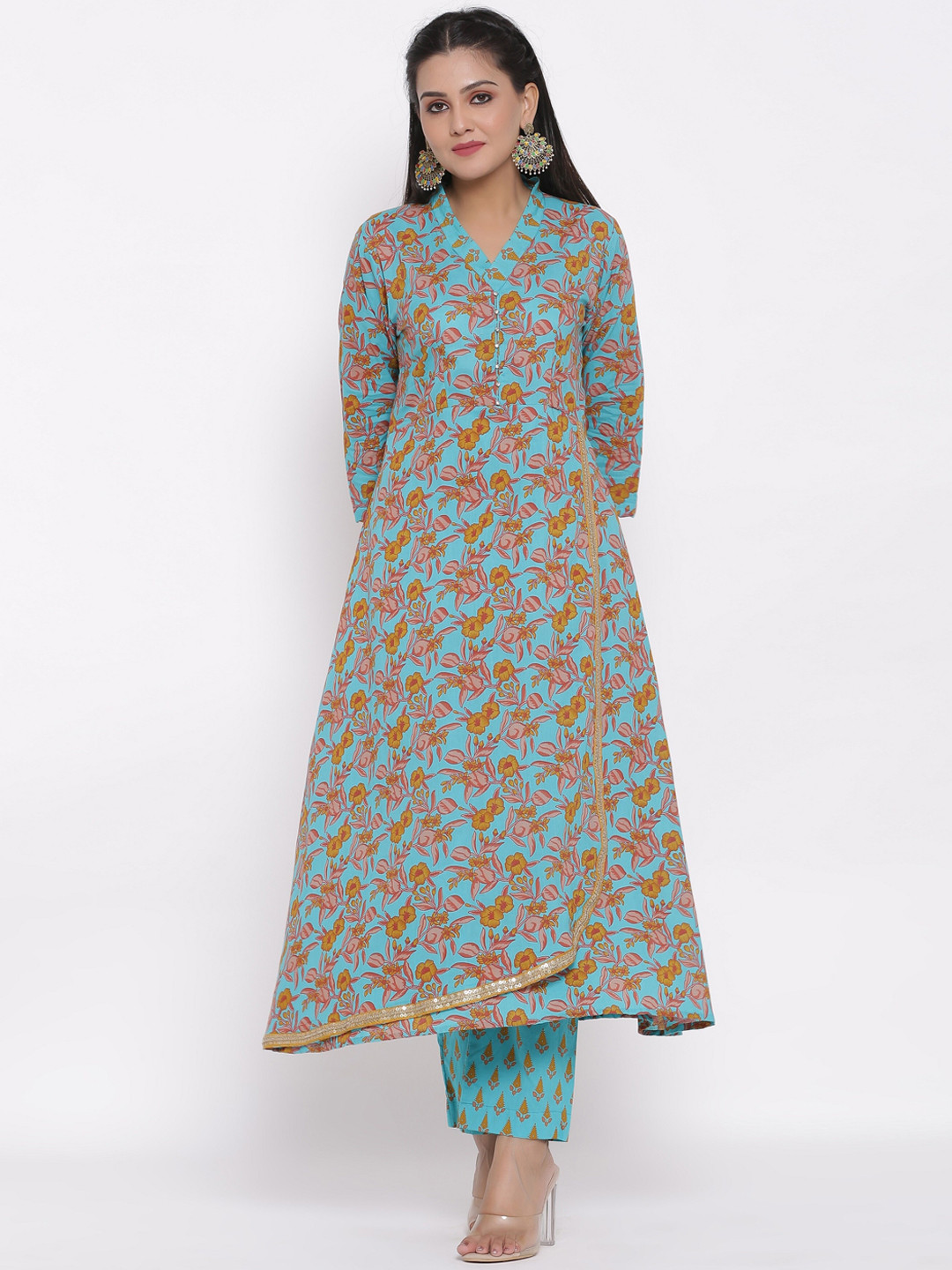 

DURVI Women Green & Mustard Floral Printed Pure Cotton Kurta with Palazzos