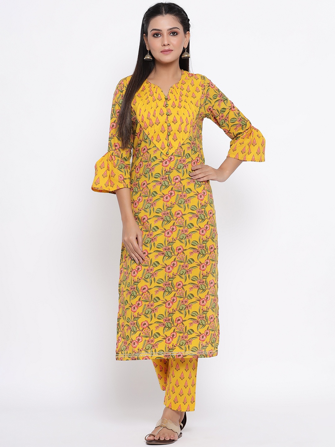 

DURVI Women Yellow & Green Ethnic Motifs Printed Pure Cotton Kurta with Trousers