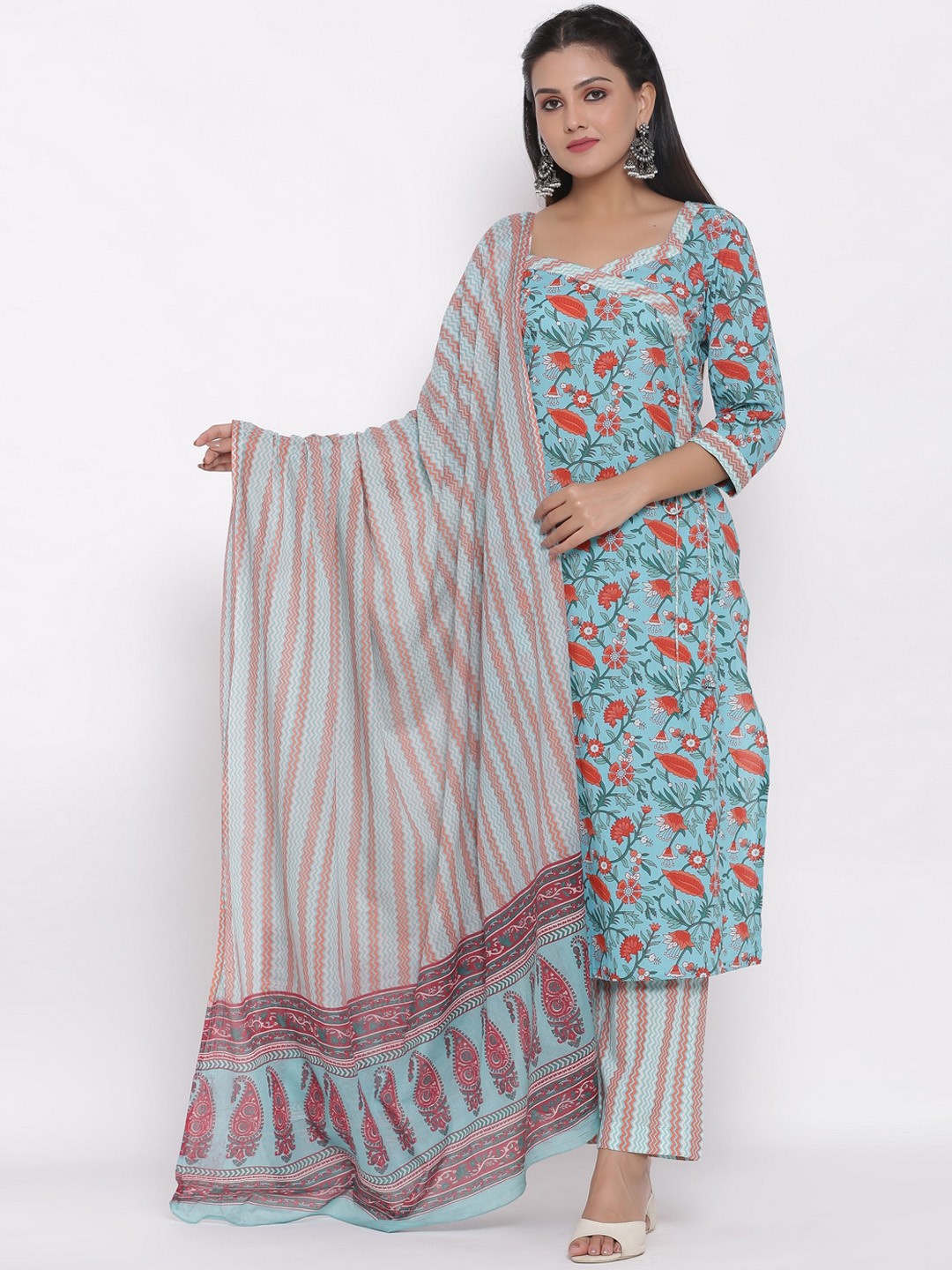 

DURVI Women Blue Floral Printed Pure Cotton Kurta With Trousers & Dupatta