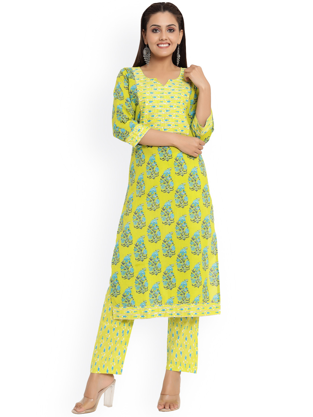 

DURVI Women Lime Green Floral Printed Pure Cotton Kurti with Trousers