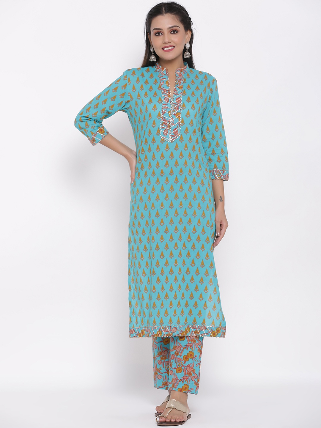 

DURVI Women Blue Ethnic Motifs Printed Pure Cotton Kurta with Trousers