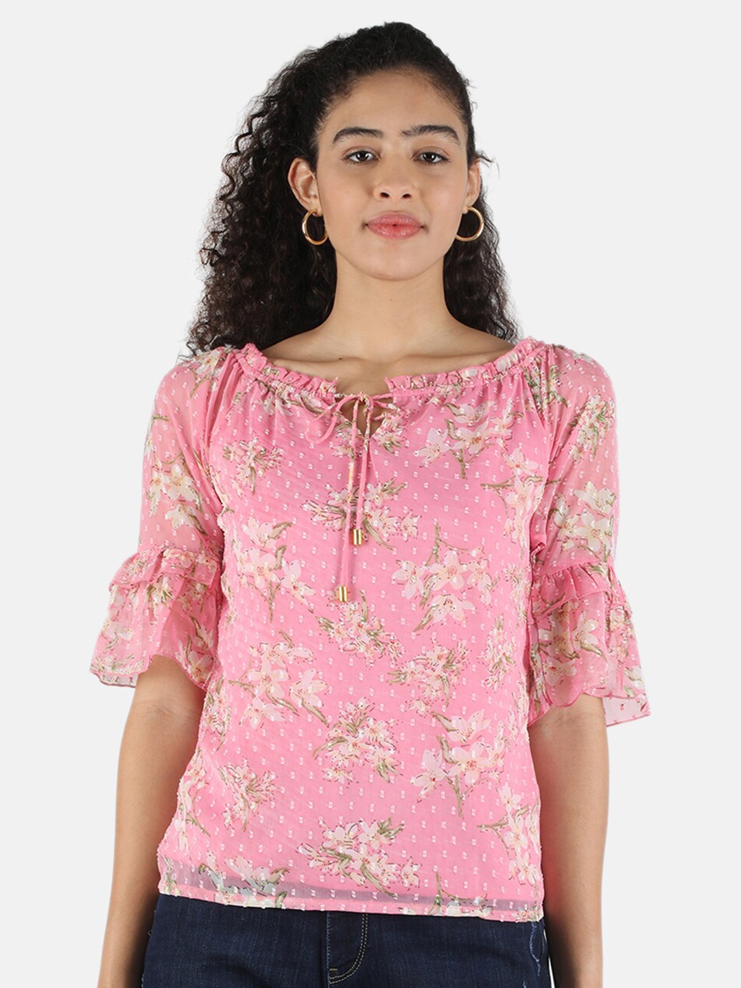 

Monte Carlo Pink Floral Print Tie-Up Neck Top