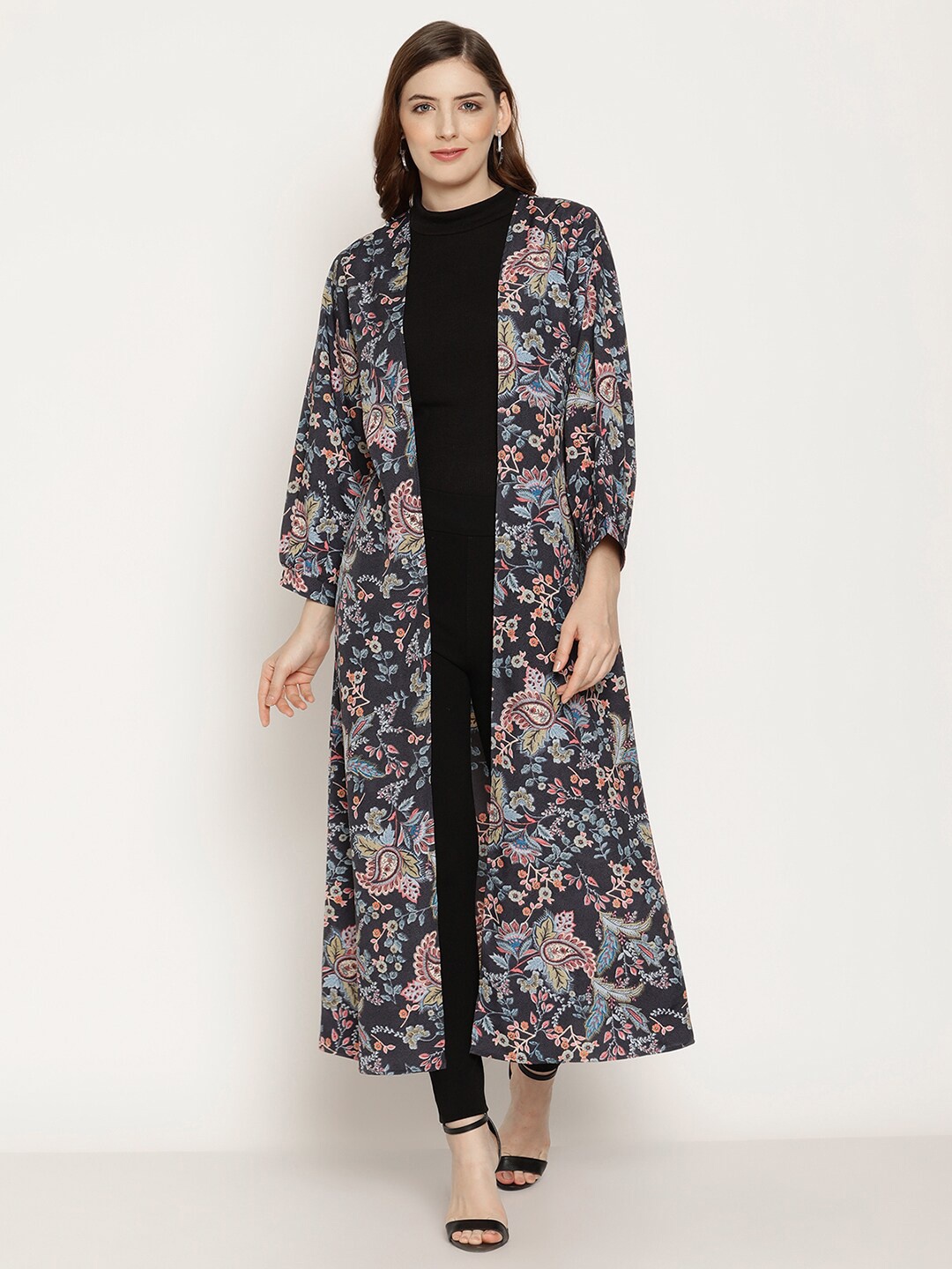 

COASTLAND Women Black & Blue Printed Longline Shrug