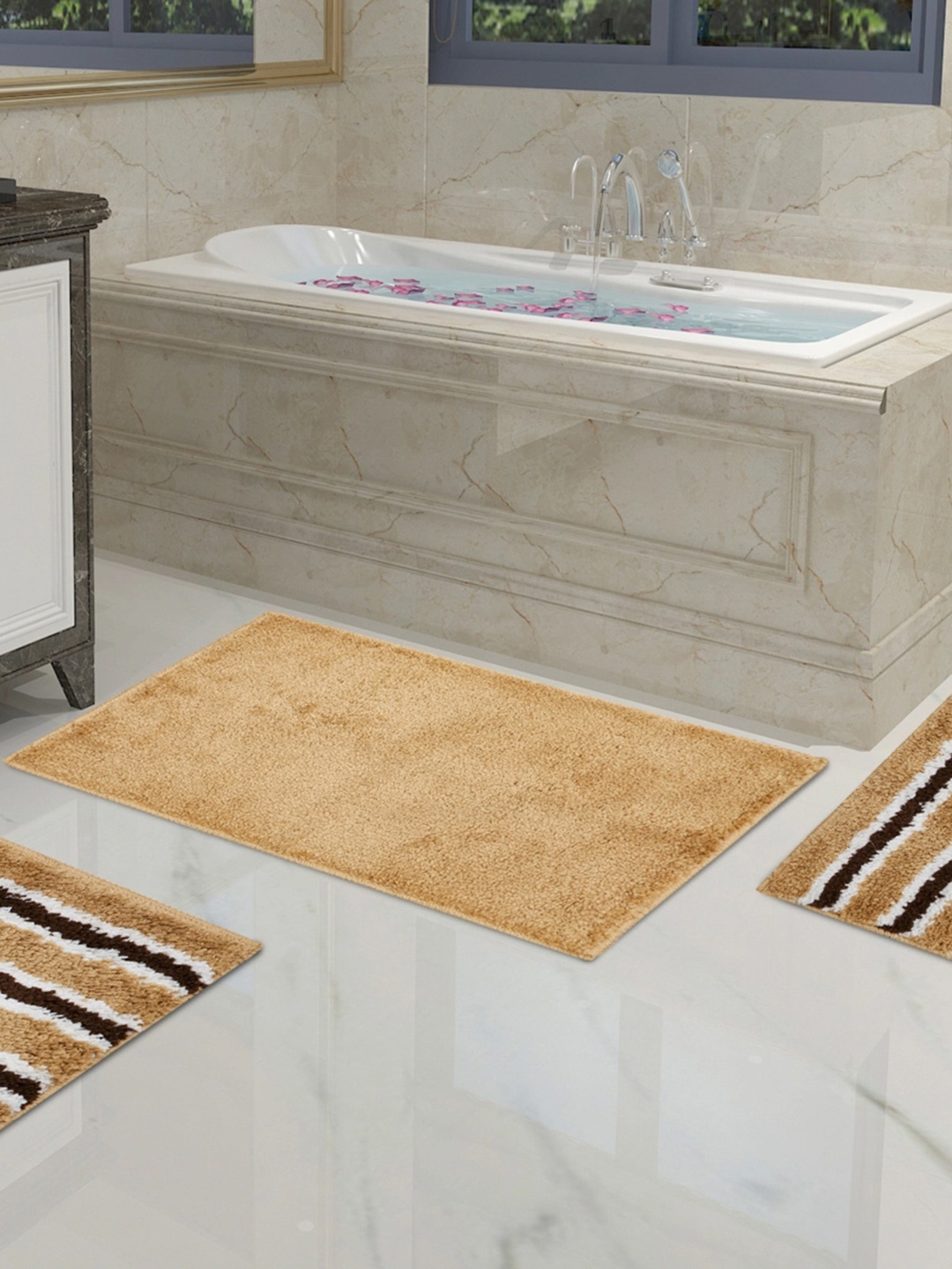 

Home Centre Set of 3 Striped Anti-Skid Bath Rugs, Beige