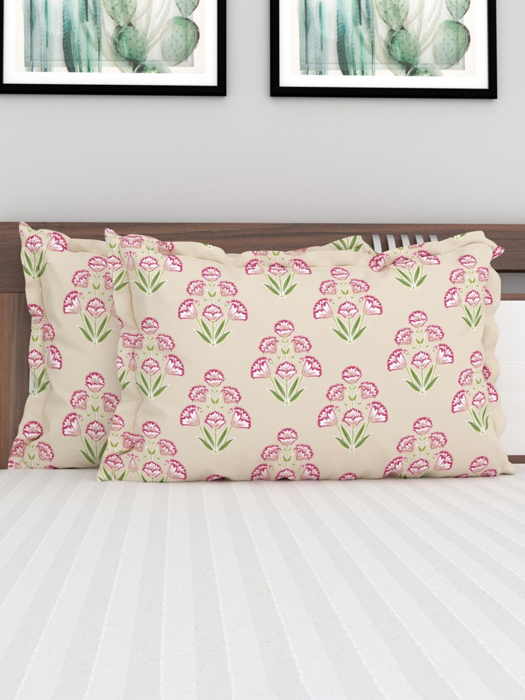

Home Centre Set Of 2 Cream-Coloured & Pink Printed Cotton Pillow Covers