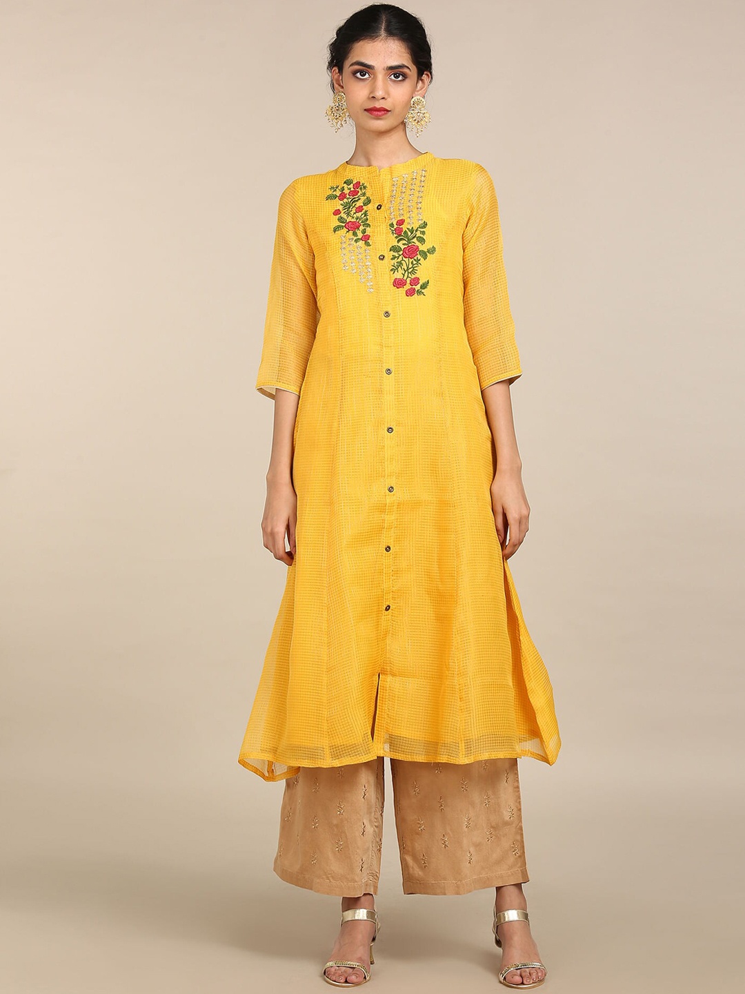 

Anahi Women Yellow & Red Floral Embroidered Mandarin Neck A- Line Kurta