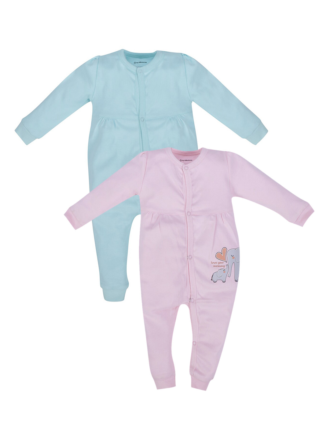 

My Milestones Girls Pack Of 2 Pink & Blue Pure Cotton Rompers