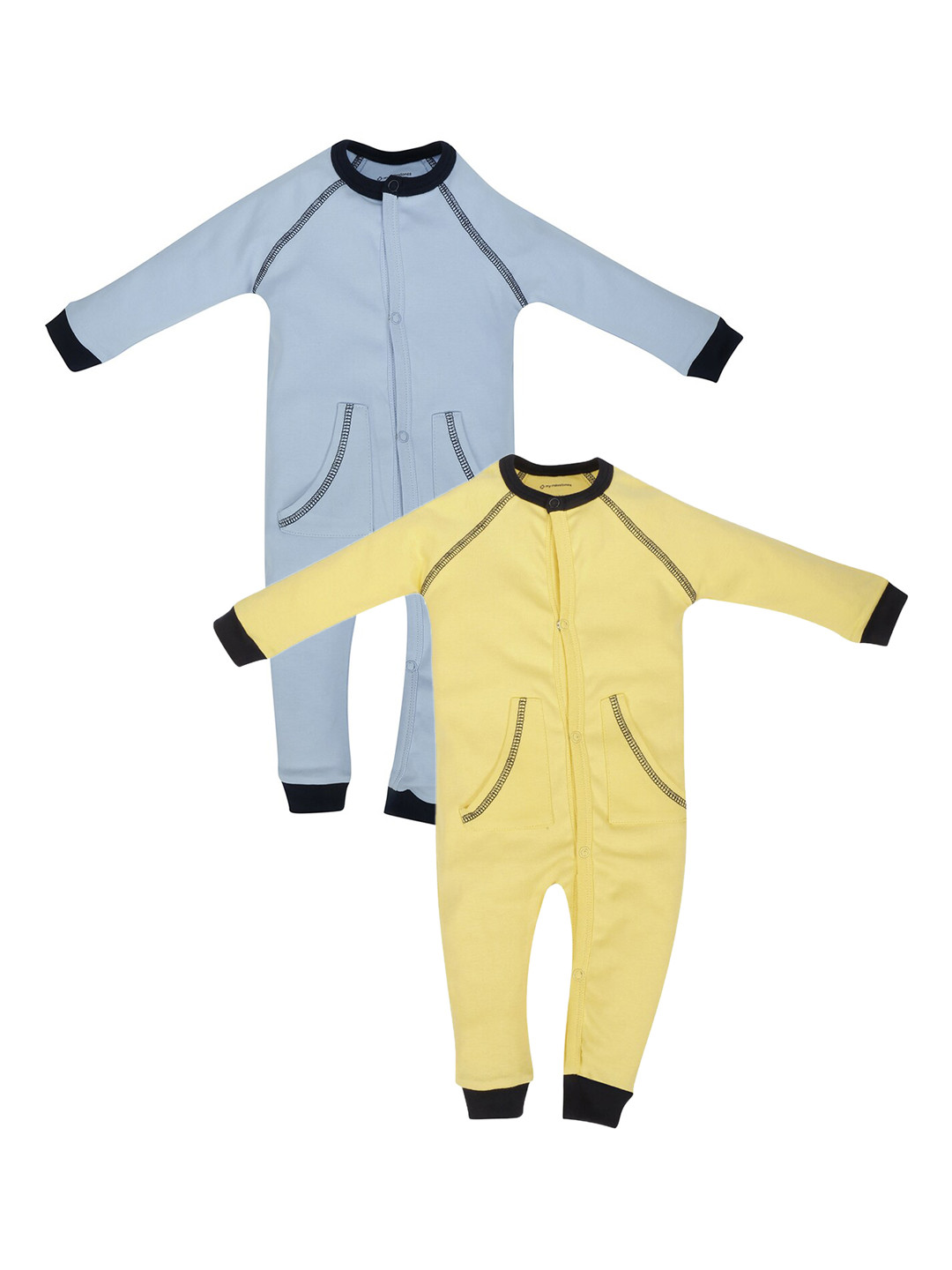 

My Milestones Infant Girls Pack of 2 Yellow & Blue Solid Cotton Rompers