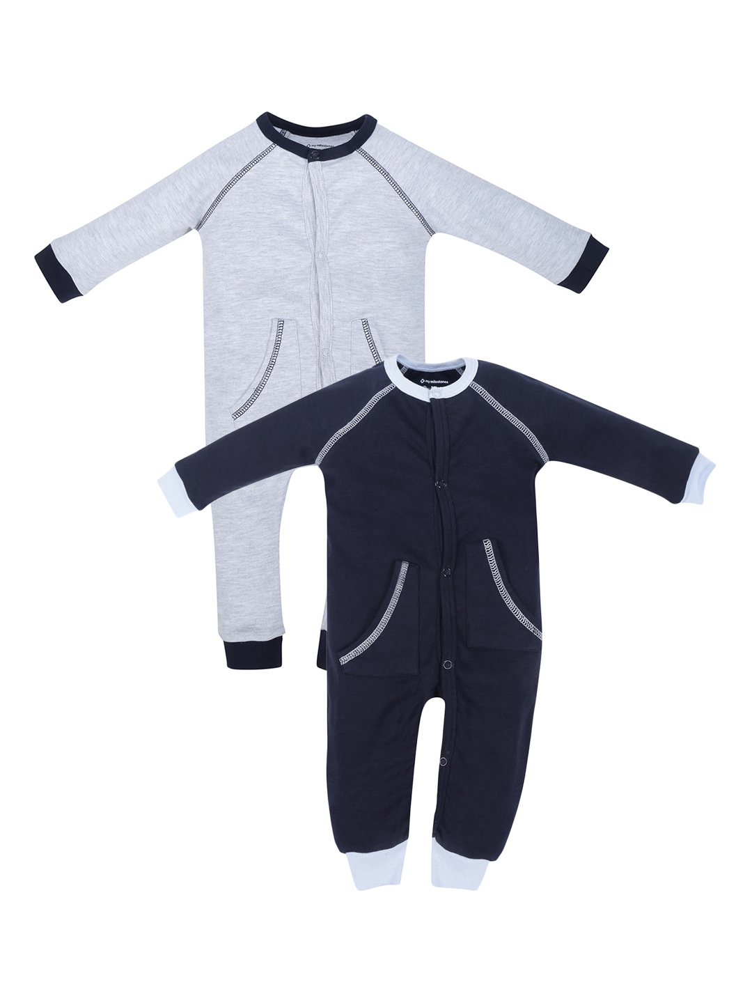 

My Milestones Girls Grey & Navy Blue Pack of 2 Cotton Rompers