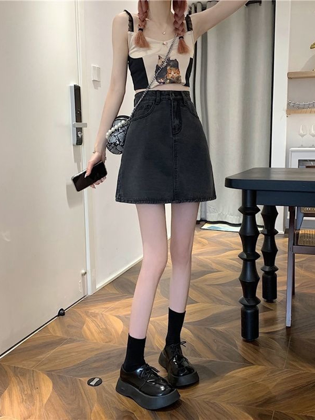 

La Aimee Grey Solid Denim A-Line Skirt
