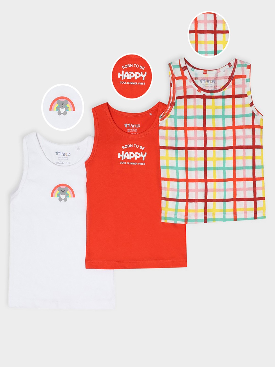 

MiArcus Infant Boys Pack of 3 Red & White Printed Cotton Innerwear Vests