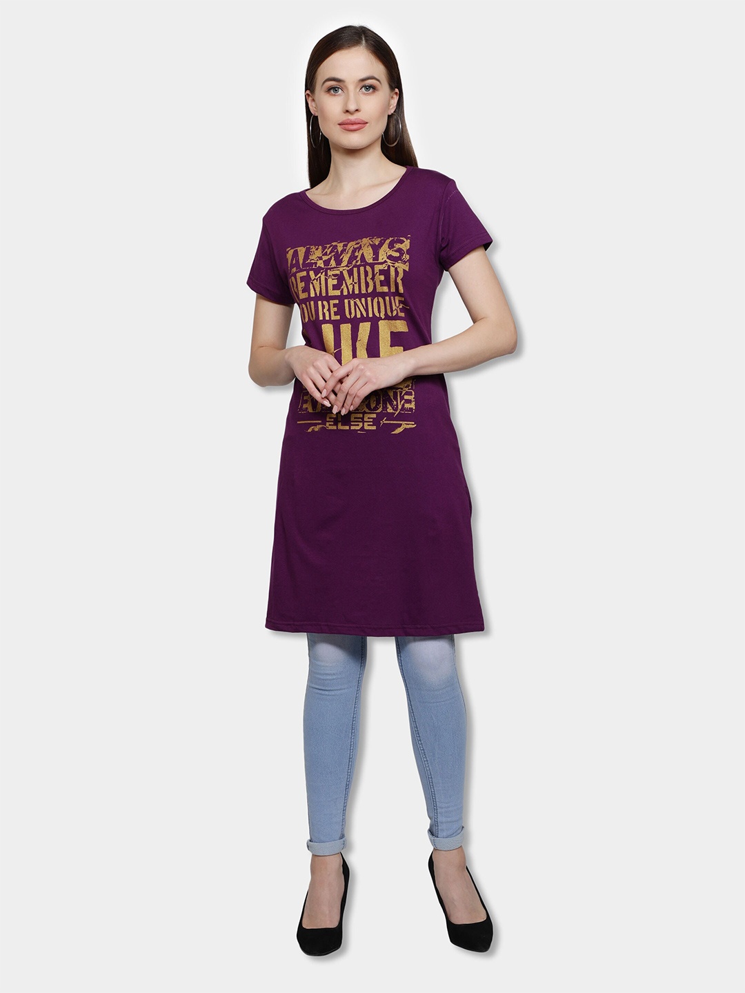 

Fleximaa Women Purple Print Cotton Longline Top